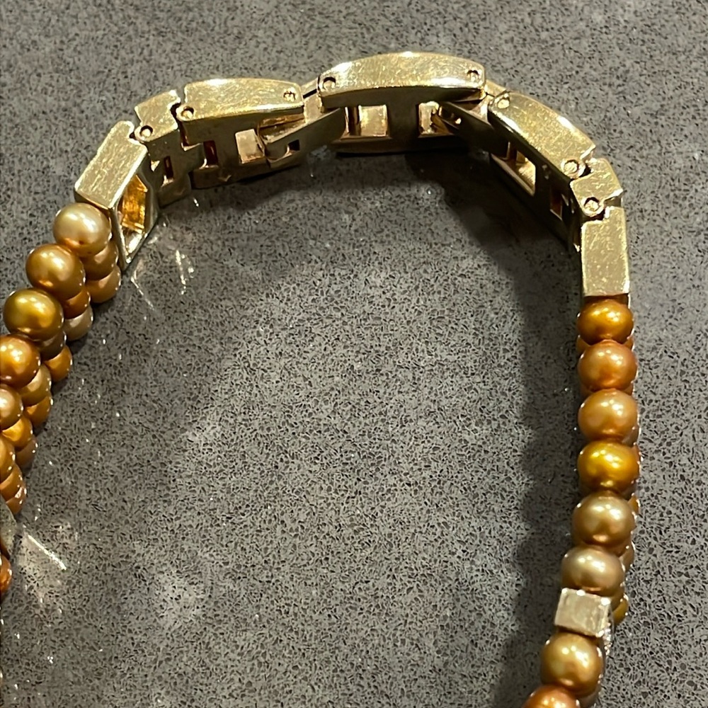 Gold Tone Three Strand Bracelet with Cultured Pearls and Rhinestones - Picture 14 of 16